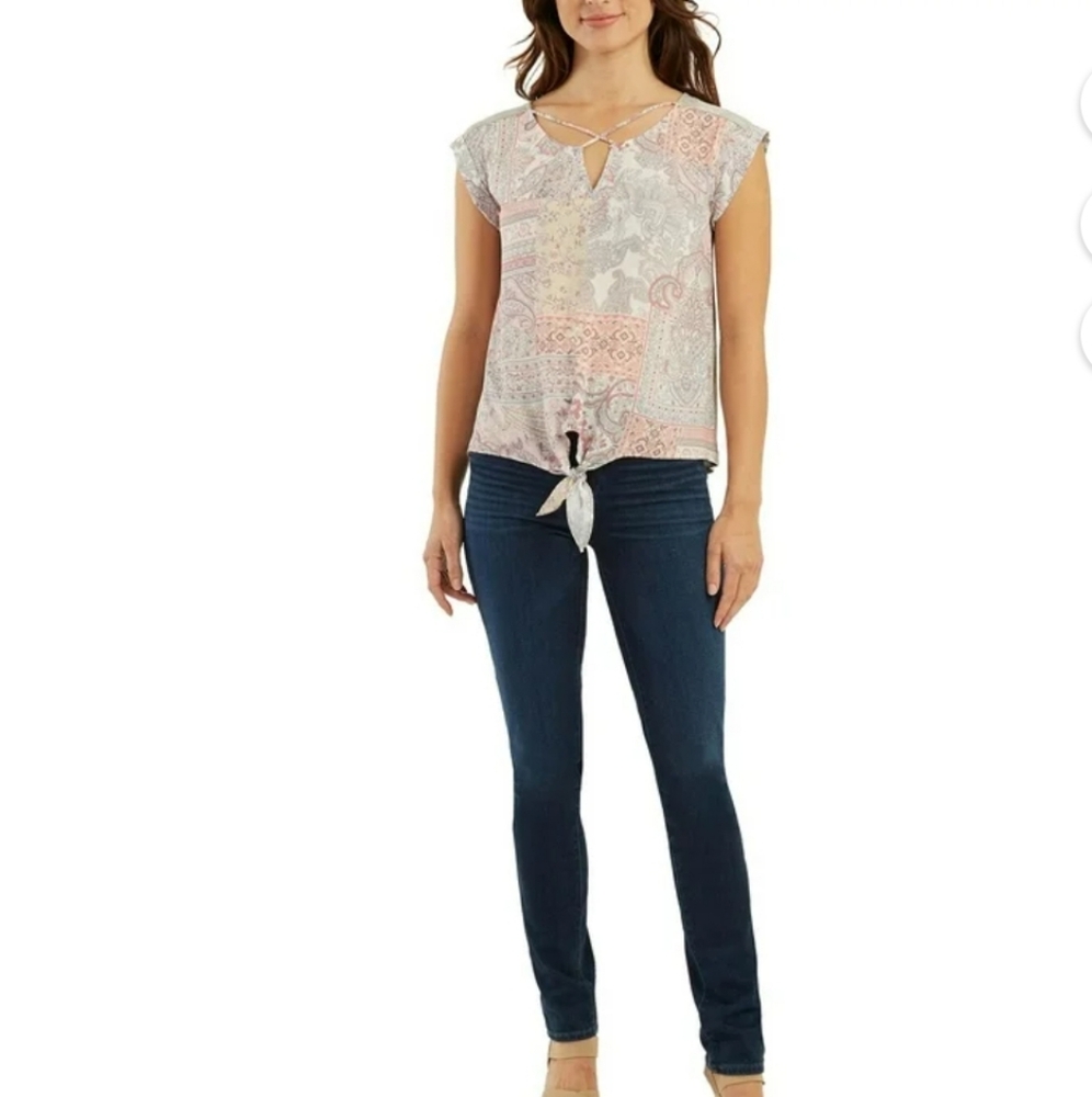 ✨BCX Women's Tie-Front Blouse - Pink and White Paisley Size Large
